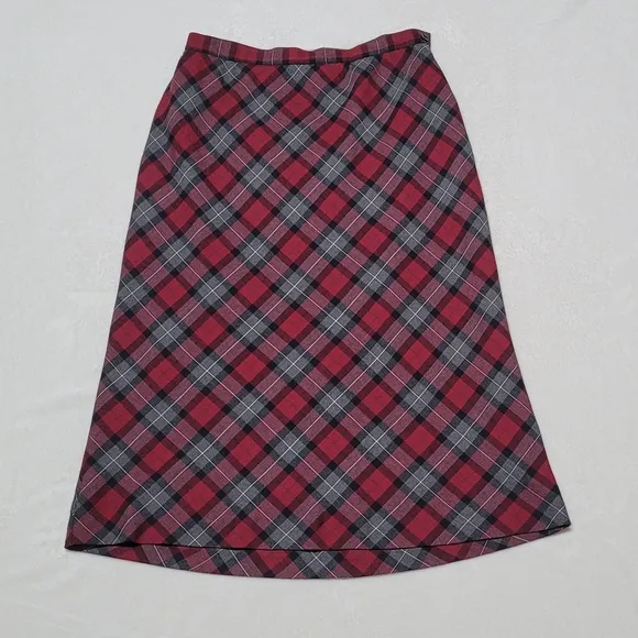 Whimsigoth 90s Vintage Sag Harbor Classic Red Gray Tartan Plaid Midi Skirt 12