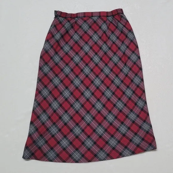 Whimsigoth 90s Vintage Sag Harbor Classic Red Gray Tartan Plaid Midi Skirt 12