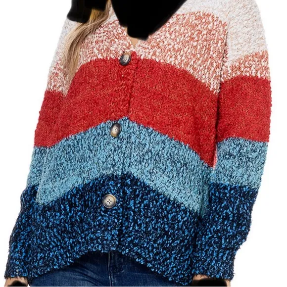Women’s Broad Multi Stripes Button Down Cardigan Sweater Size Large