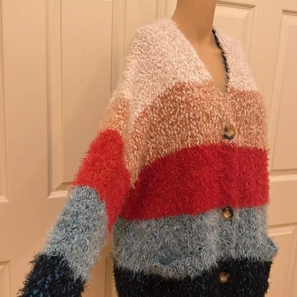 Women’s Broad Multi Stripes Button Down Cardigan Sweater Size Large