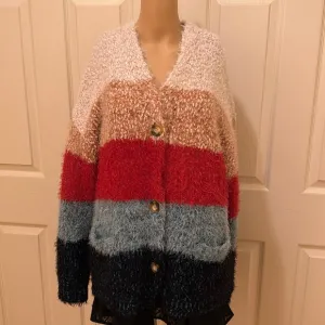 Women’s Broad Multi Stripes Button Down Cardigan Sweater Size Large
