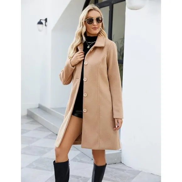 Womens Camel Winter Single Breasted Elegant Overcoat Pea Coat with Pockets