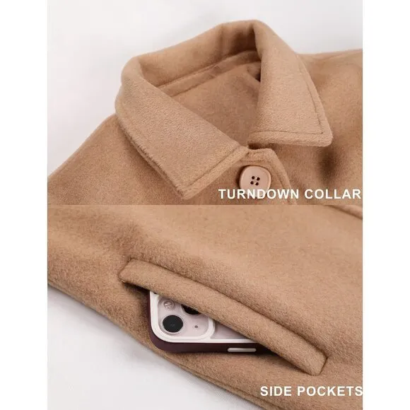 Womens Camel Winter Single Breasted Elegant Overcoat Pea Coat with Pockets
