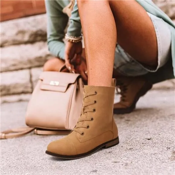Women's Combat Boots Lace up Ankle Boots Side Zipper Round Toe Booties