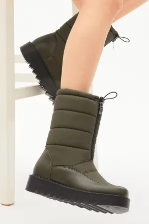 Women's Khaki Comfortable Fit, Front Zipper and Elastic, Fur Inside Snow Boots