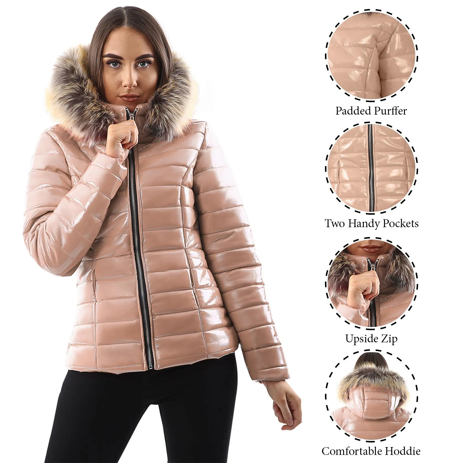 Womens Ladies Quilted Designer Padded Bubble Fur Hooded Puffer Coat Jacket