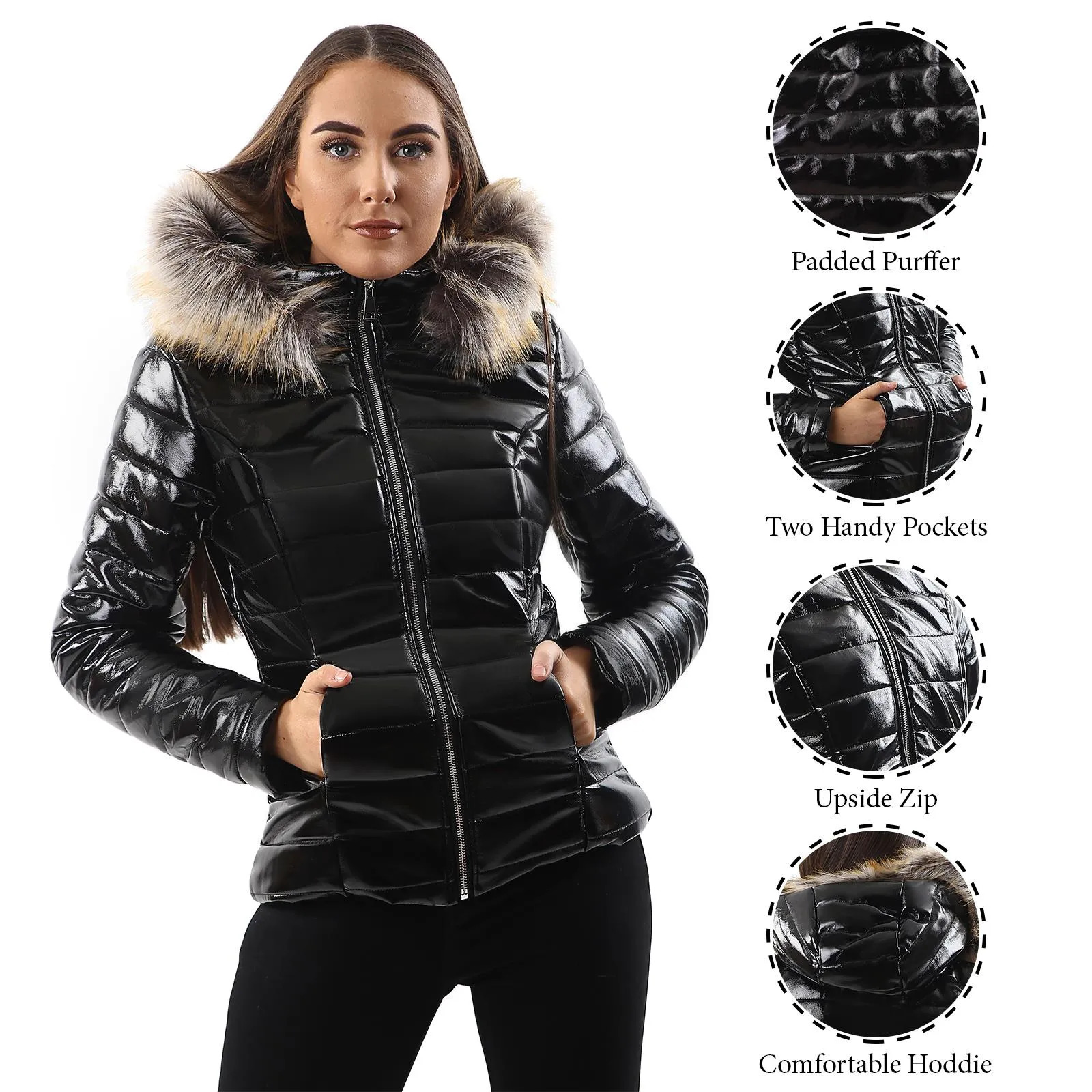Womens Ladies Quilted Designer Padded Bubble Fur Hooded Puffer Coat Jacket