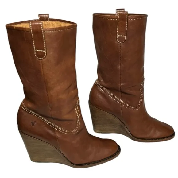 Women's Vintage Frye Caroline Campus Midshaft Wedge Heel Boots Size 8