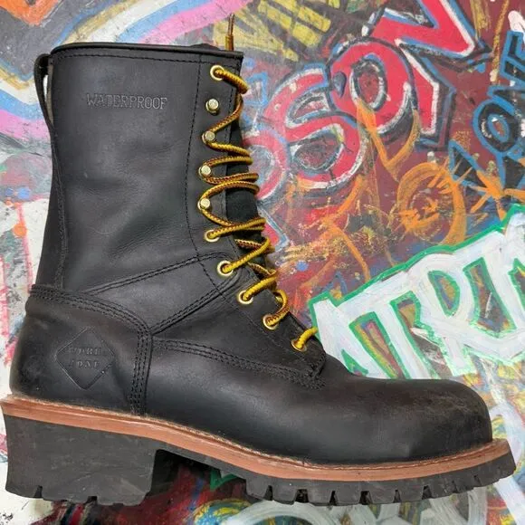 Work Zone Black Waterproof Steel Toe Work Boots - Oil Resistant, Size 9.5