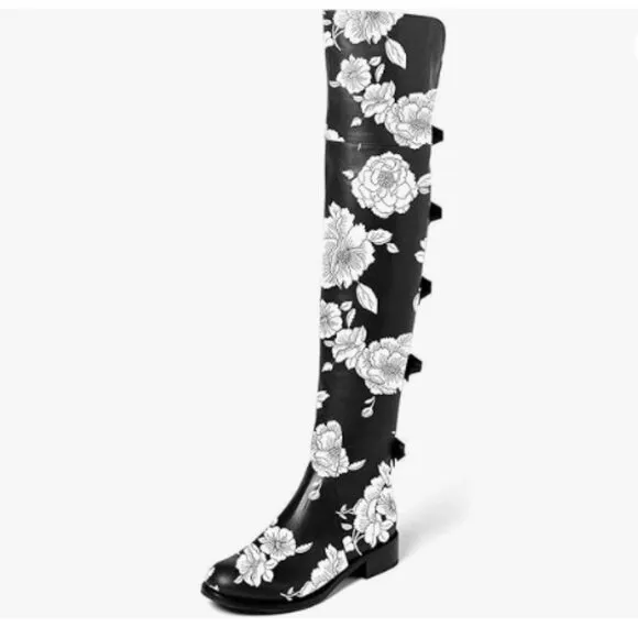 XYD Women Over The Knee Thigh High Leather Boots Chunky Heel Round Toe, Bowknots