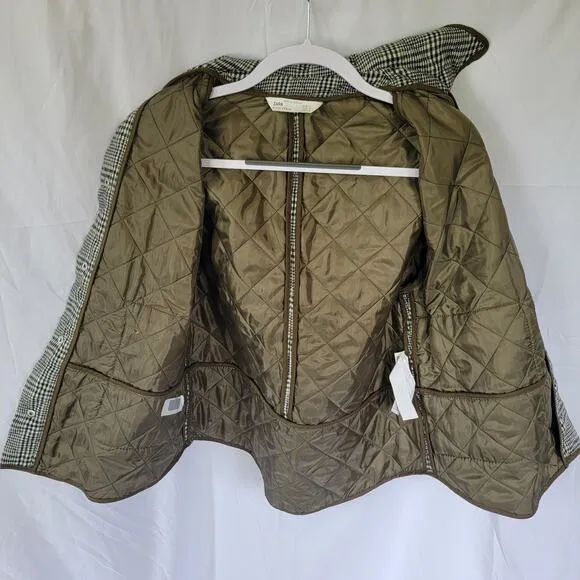 Zara Olive Drab Green Heritage Plaid Quilted Equestrian Riding Jacket Size Small
