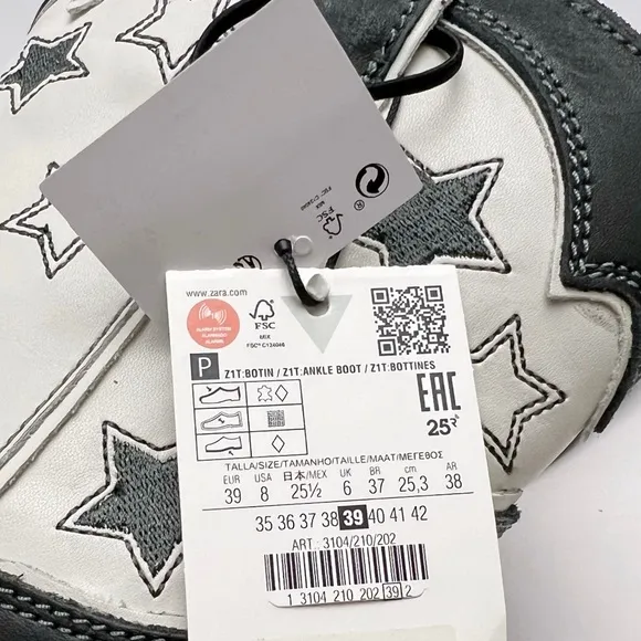 Zara Womens Black White Leather Stars Western Cowboy Boots EU 39 US 8 NEW