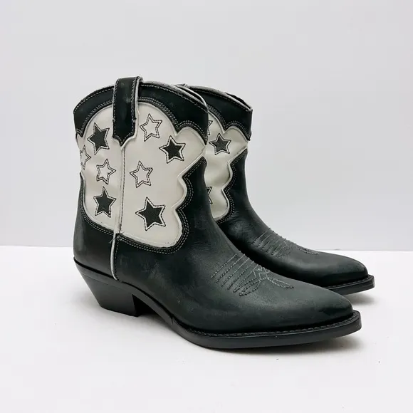 Zara Womens Black White Leather Stars Western Cowboy Boots EU 39 US 8 NEW