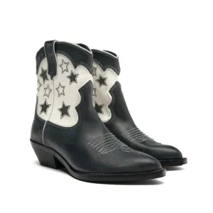 Zara Womens Black White Leather Stars Western Cowboy Boots EU 39 US 8 NEW