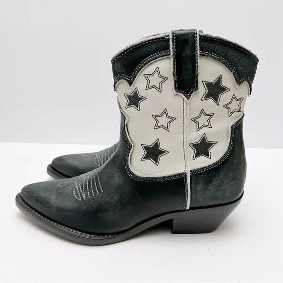 Zara Womens Black White Leather Stars Western Cowboy Boots EU 39 US 8 NEW